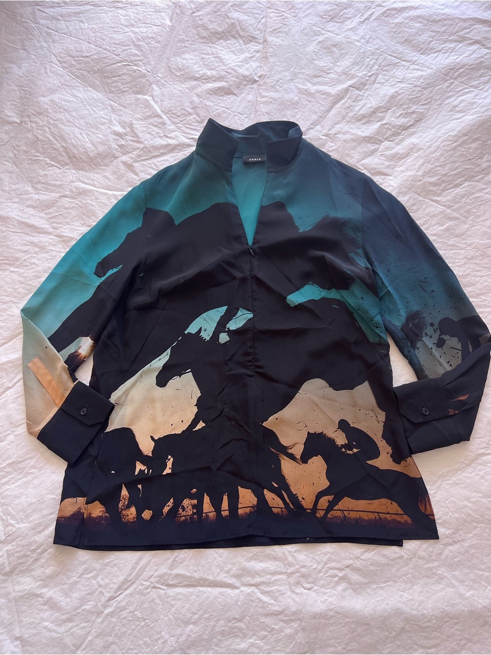 Akris Women Shirt Sz 8 Silk Crepe Tunic Hidden Zip Equestrian Horse Rider Print - Picture 2 of 16